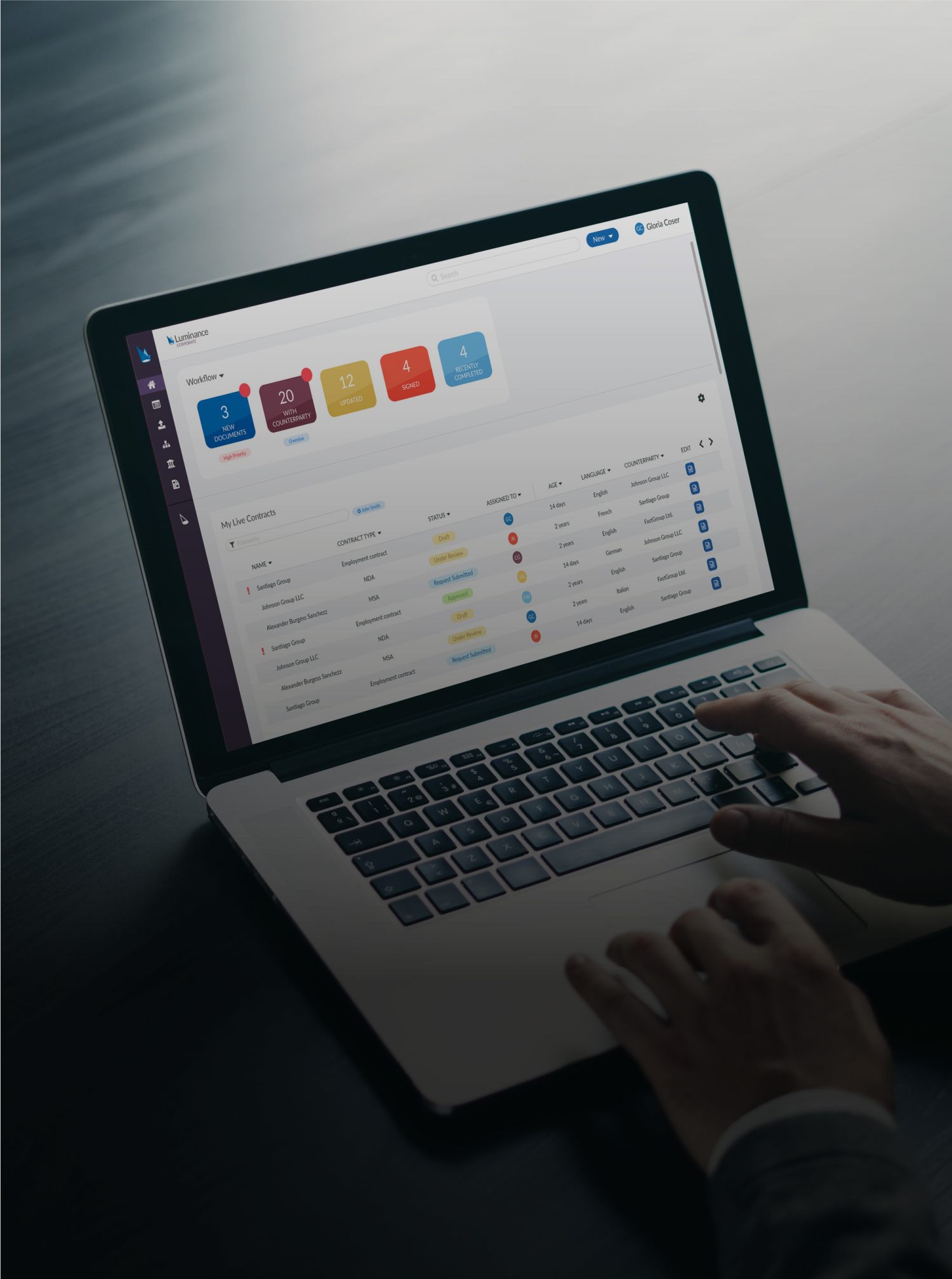 Lawyer using Luminance software on laptop
