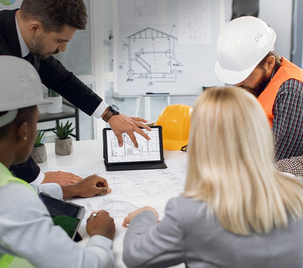 A group of professionals collaborates at a table, reviewing blueprints and plans on a tablet. A man gestures towards the tablet, while others observe details. Hard hats and safety vests are visible, indicating a construction or engineering meeting.