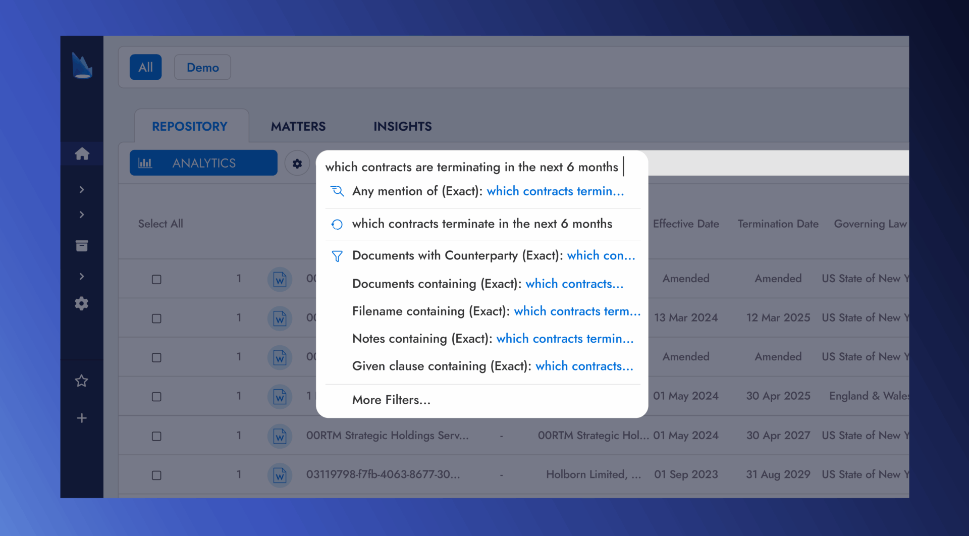 Search interface showing contract termination filters and results.