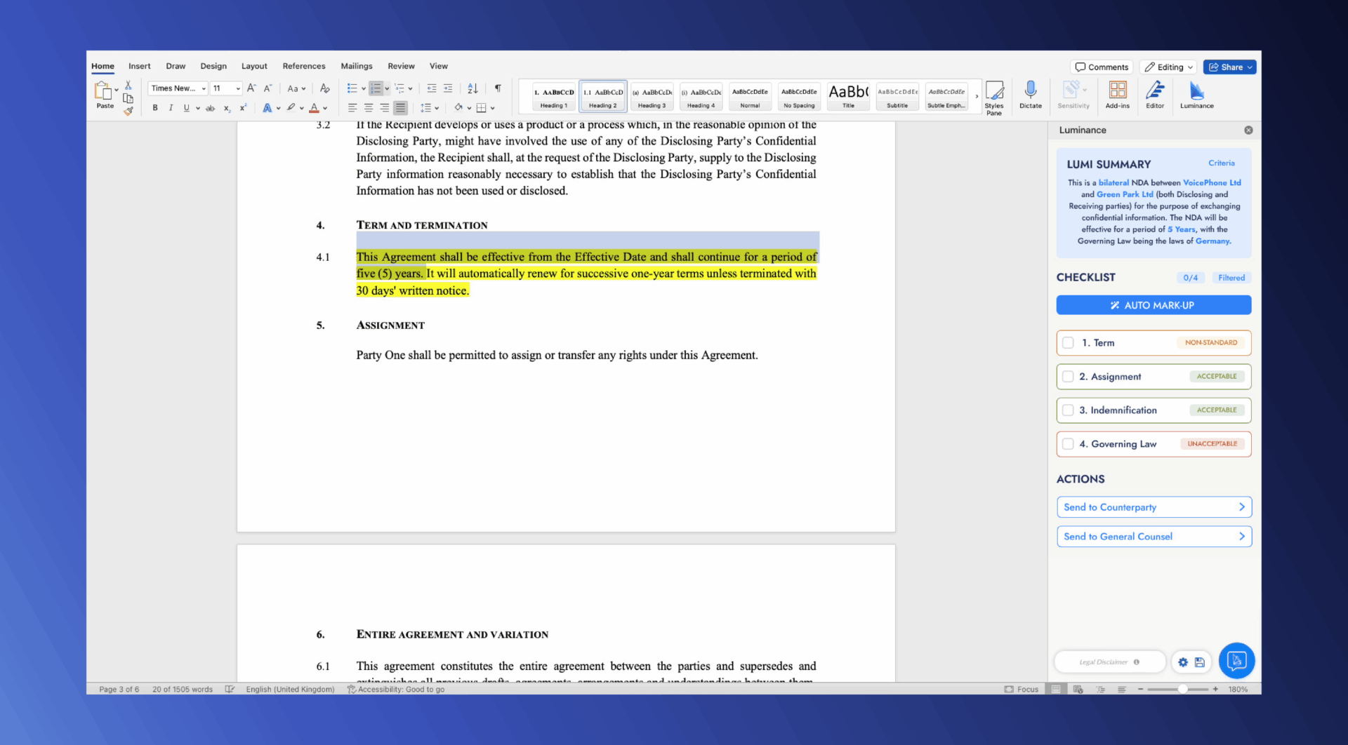 Highlighted text from a legal document about agreement terms.