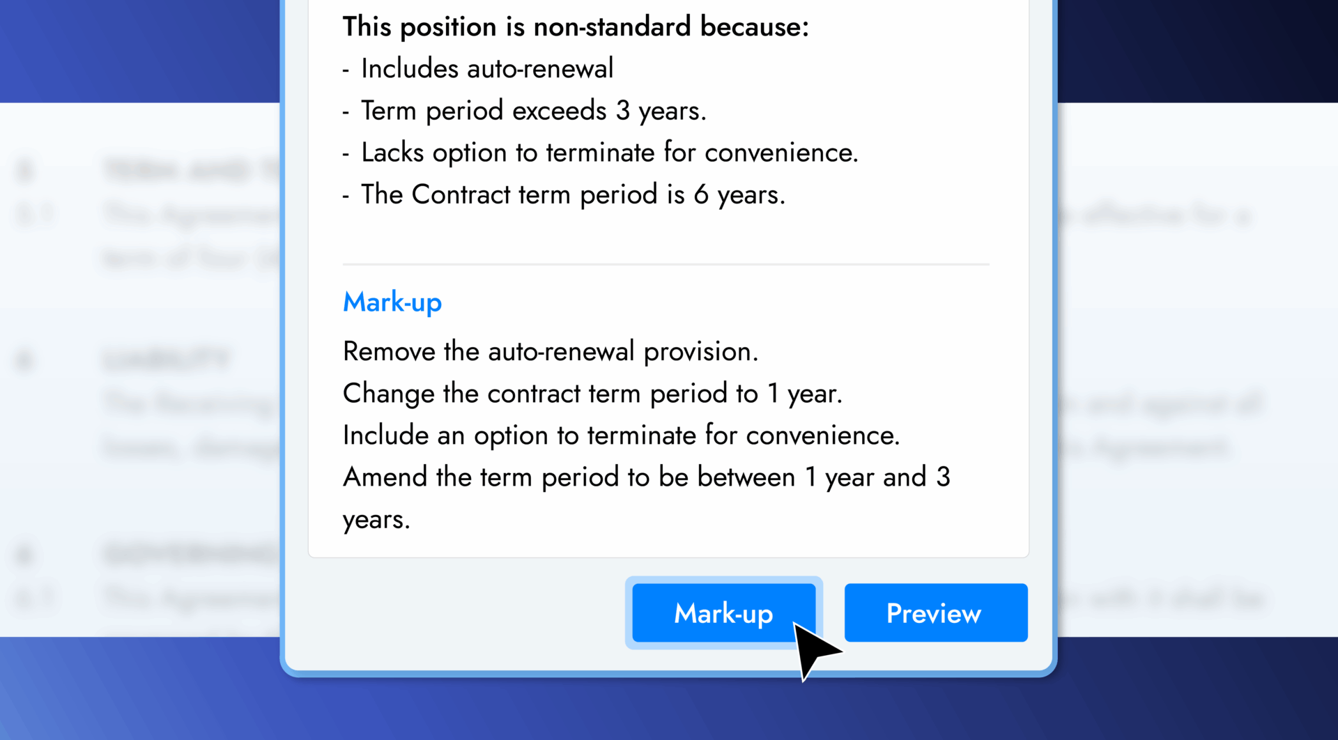 Non-standard contract terms with proposed modifications listed.