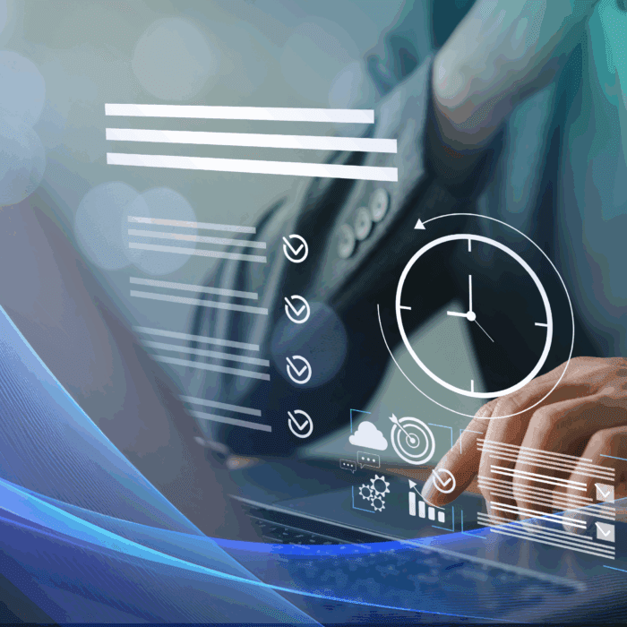 Hands interacting with a laptop, overlaid with graphics.