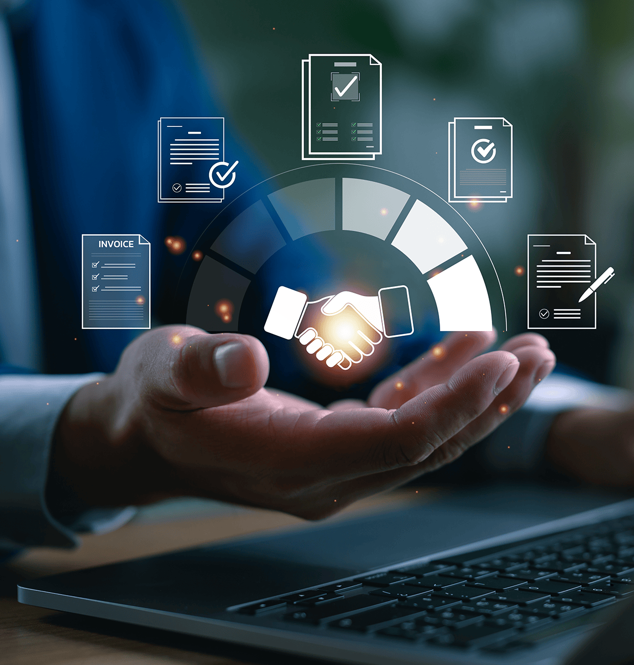 A hand extends towards a digital handshake graphic, surrounded by icons of documents and checkmarks, above a laptop.
