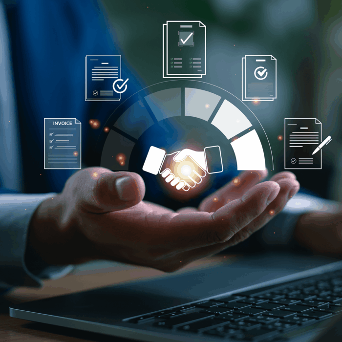 A hand extends towards a digital handshake graphic, surrounded by icons of documents and checkmarks, above a laptop.
