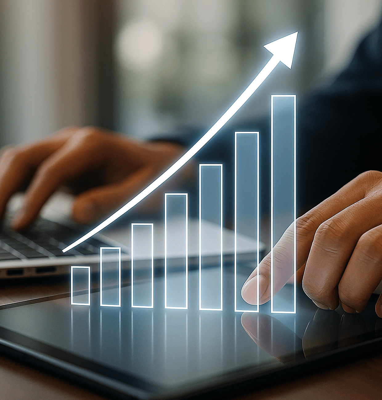 Hands interacting with a tablet, displaying a rising graph with bars and an arrow.
