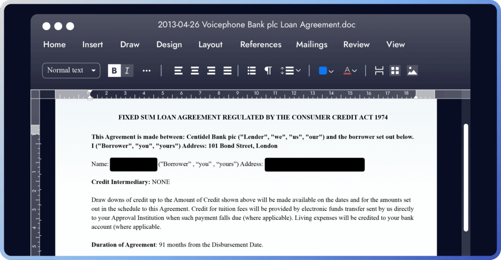 Loan agreement document with terms and borrower information.