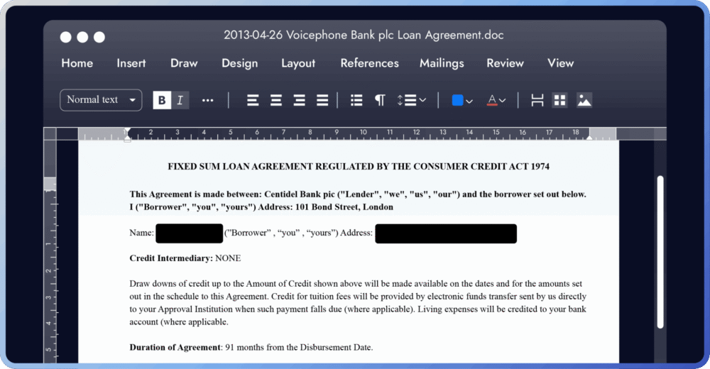 Loan agreement document with terms and borrower information.