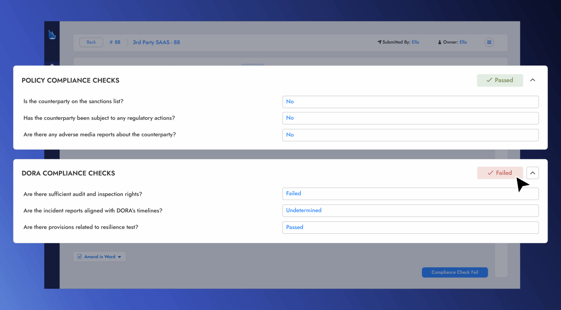 Compliance checks summary with passed and failed statuses.