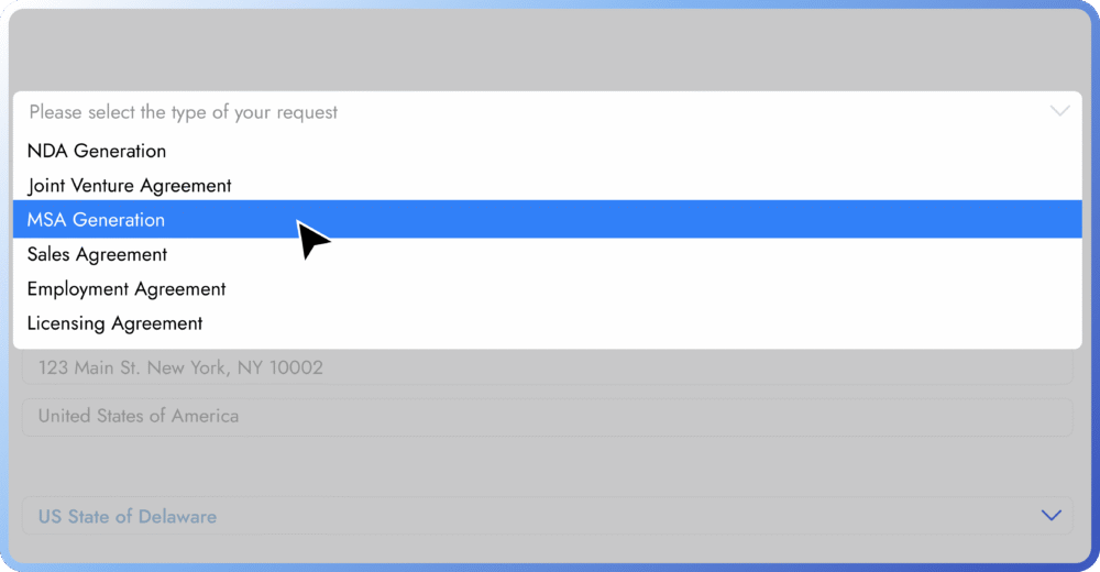 Dropdown menu with various agreement types selected.