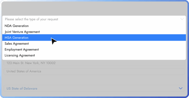 Dropdown menu with various agreement types selected.