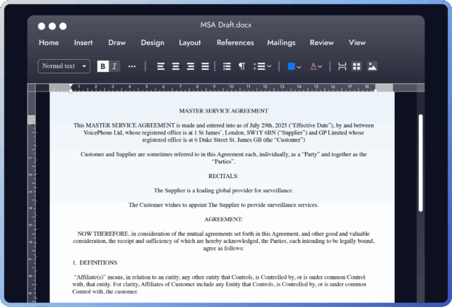Master Service Agreement document displayed on a computer screen.