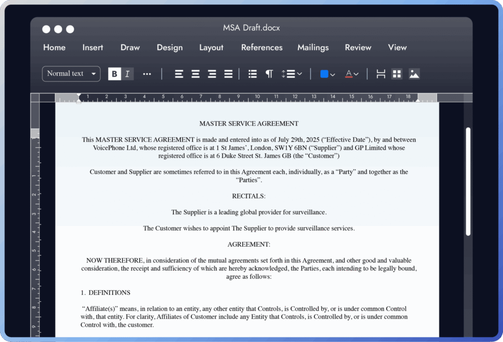 Master Service Agreement document displayed on a computer screen.