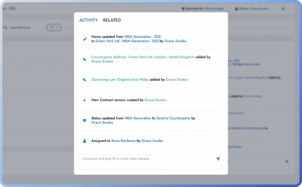Activity log displaying contract updates and assignments.