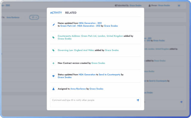 Activity log displaying contract updates and assignments.