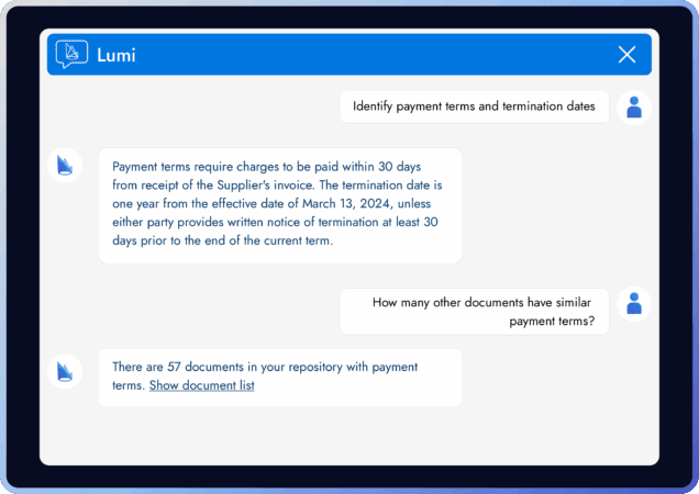 Chat interface displaying payment term inquiries and document details.