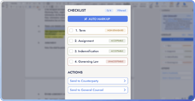 Checklist displaying standard statuses for legal terms.
