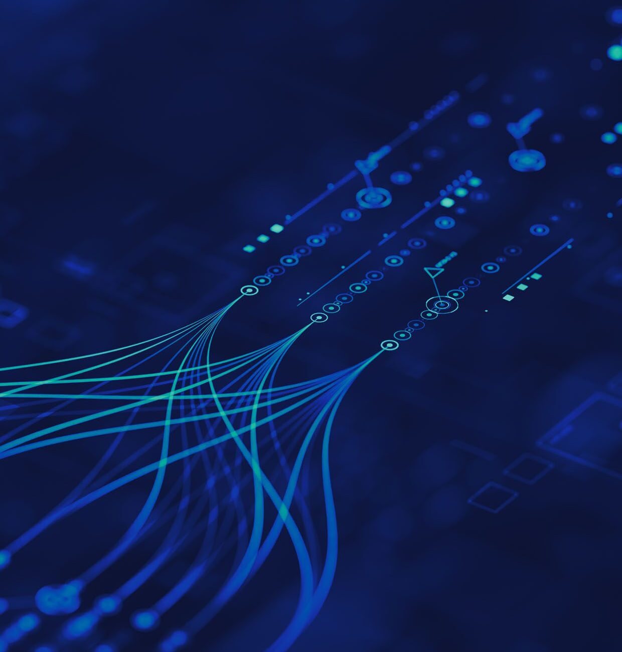 Abstract blue digital background with flowing lines and data points.