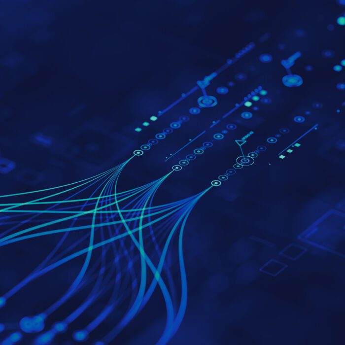 Abstract blue digital background with flowing lines and data points.